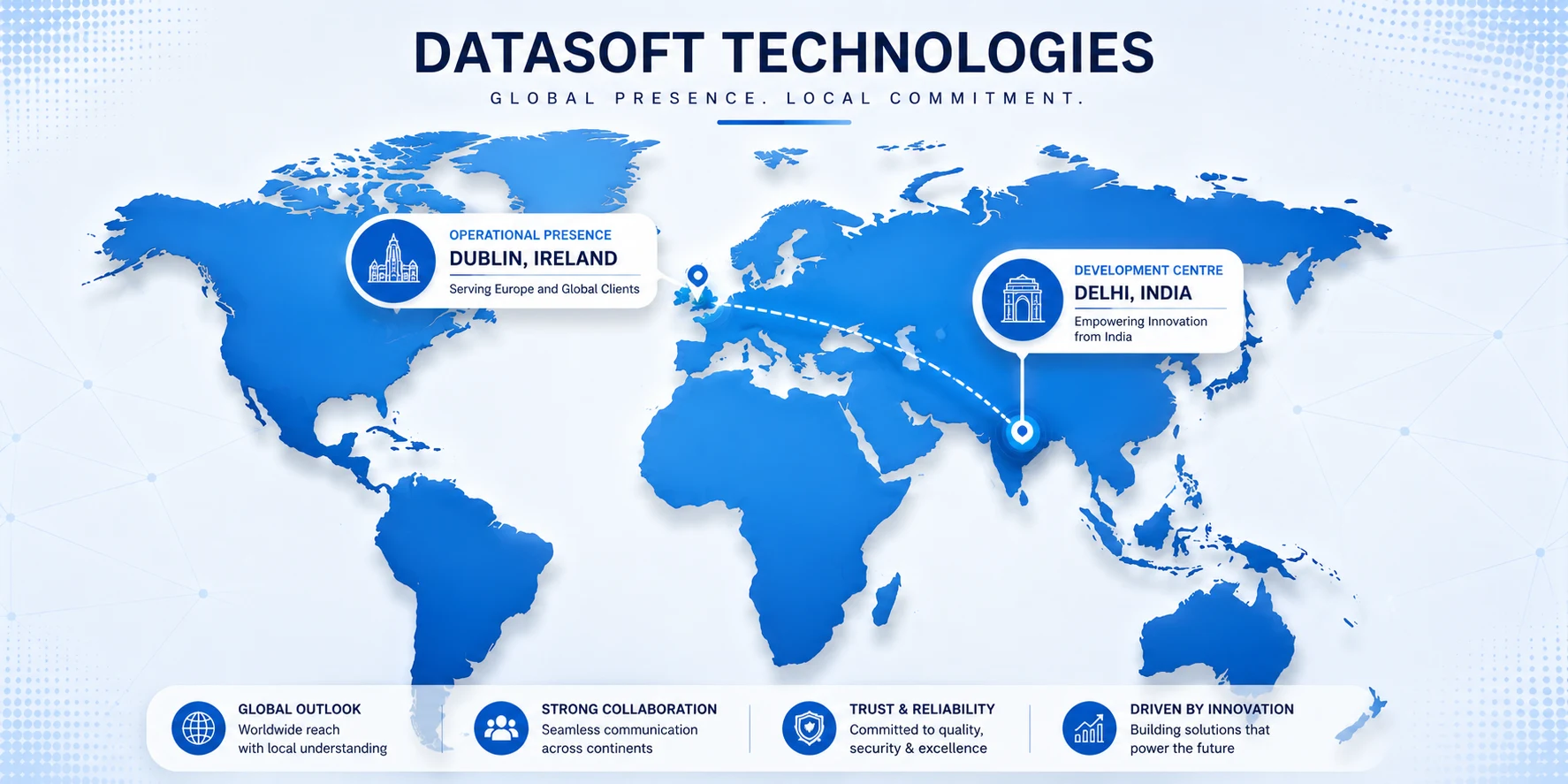 Datasoft Technologies global presence: Development Center in Delhi NCR, India and Operational Presence in Dublin, Ireland