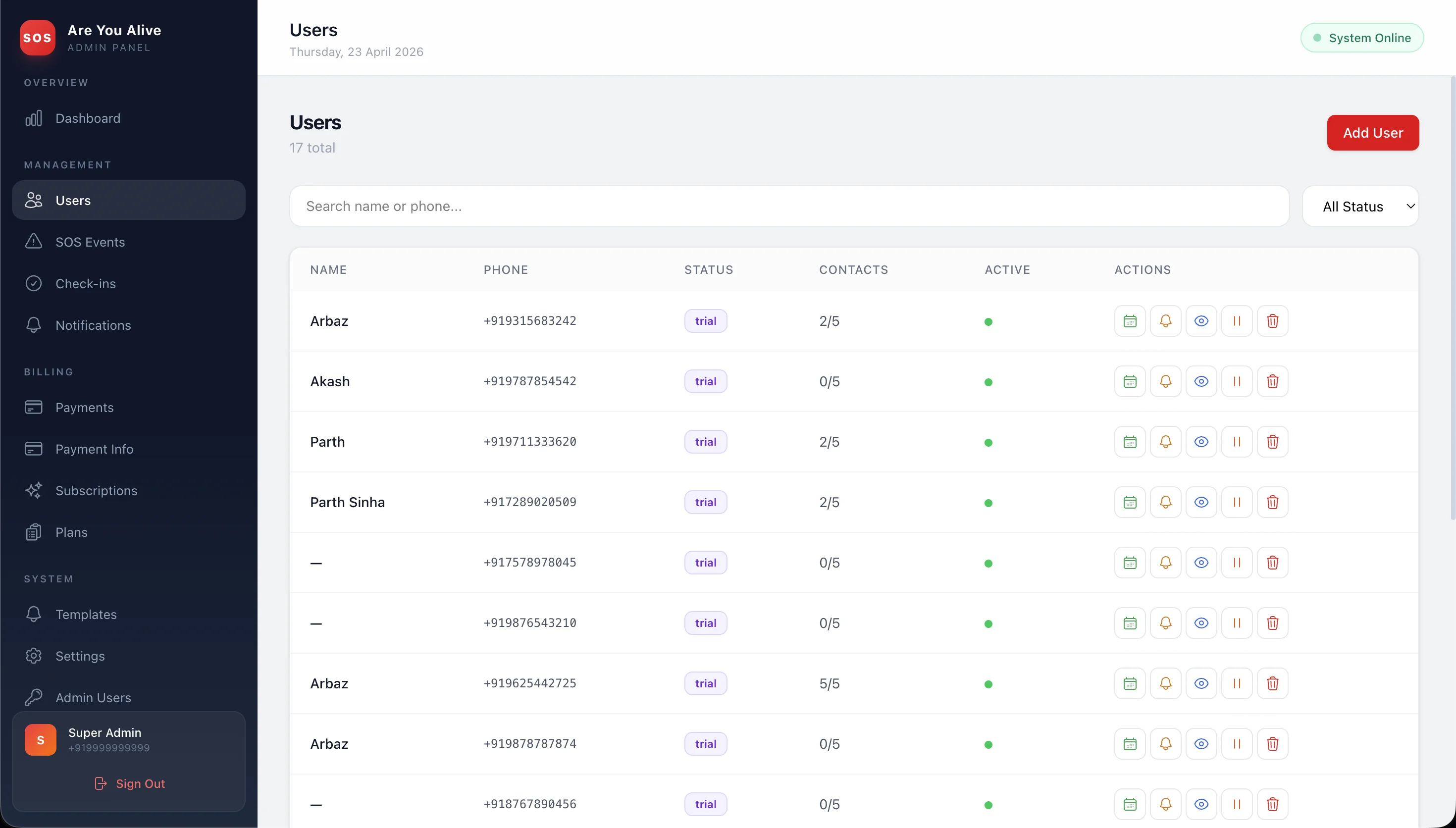 Emergency contacts screen