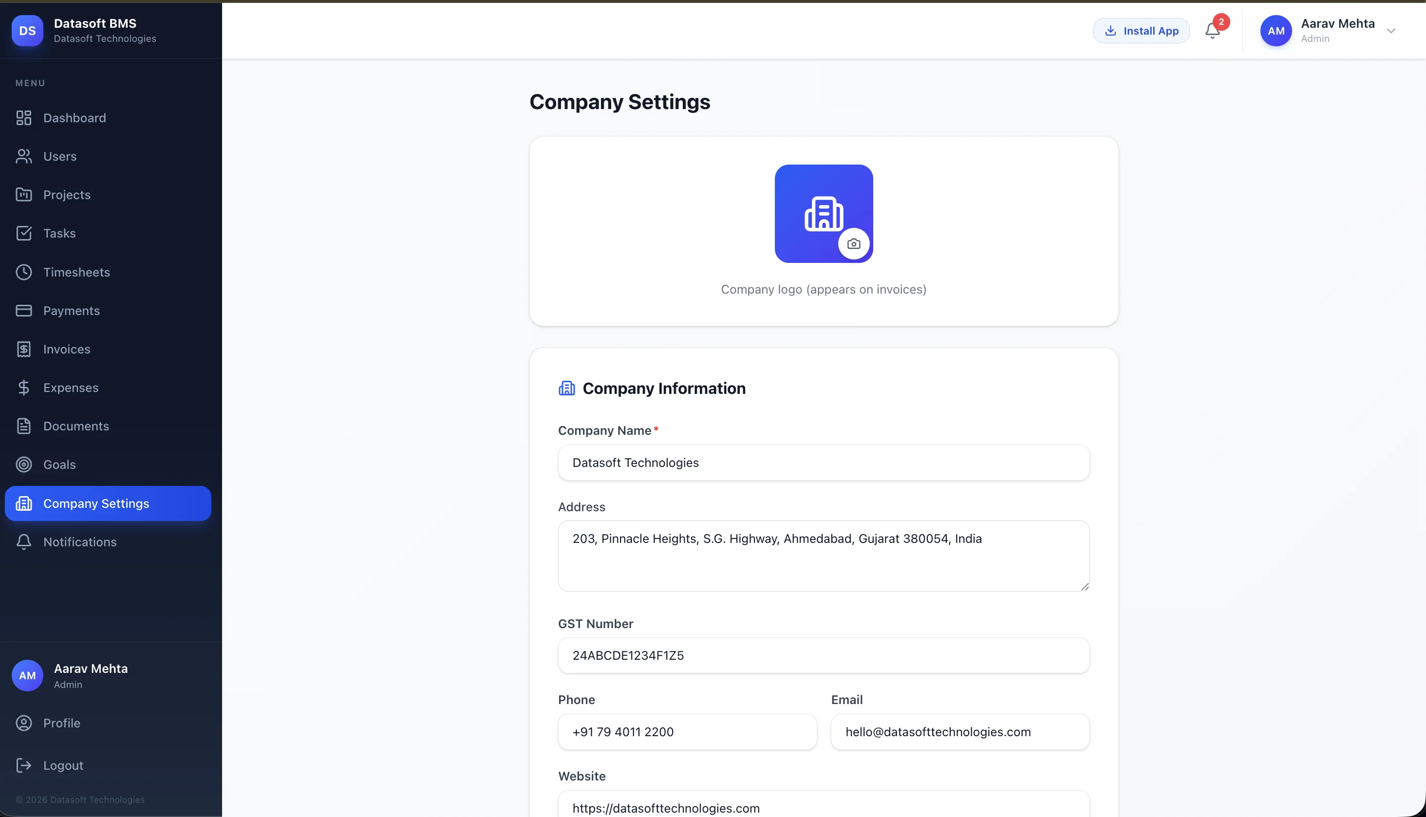 Company Settings — Logo, Name, Address, GST, Phone, Email and Website