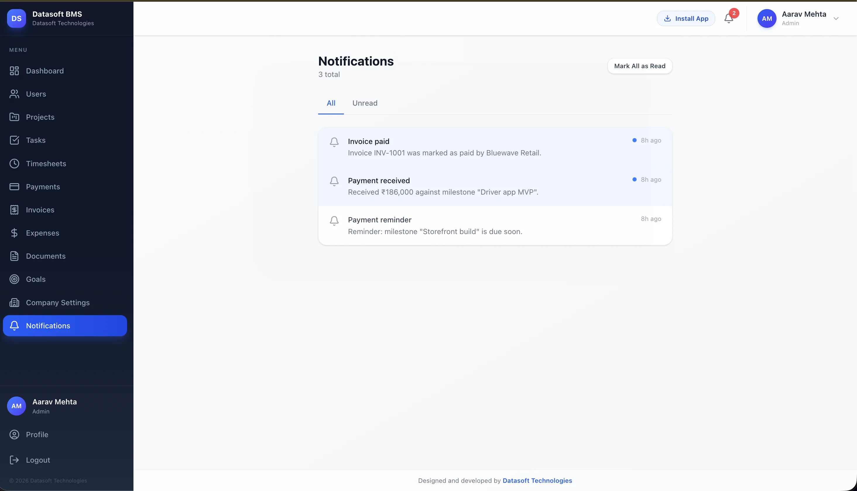 Notifications Panel — Invoice Paid, Payment Received, Payment Reminder