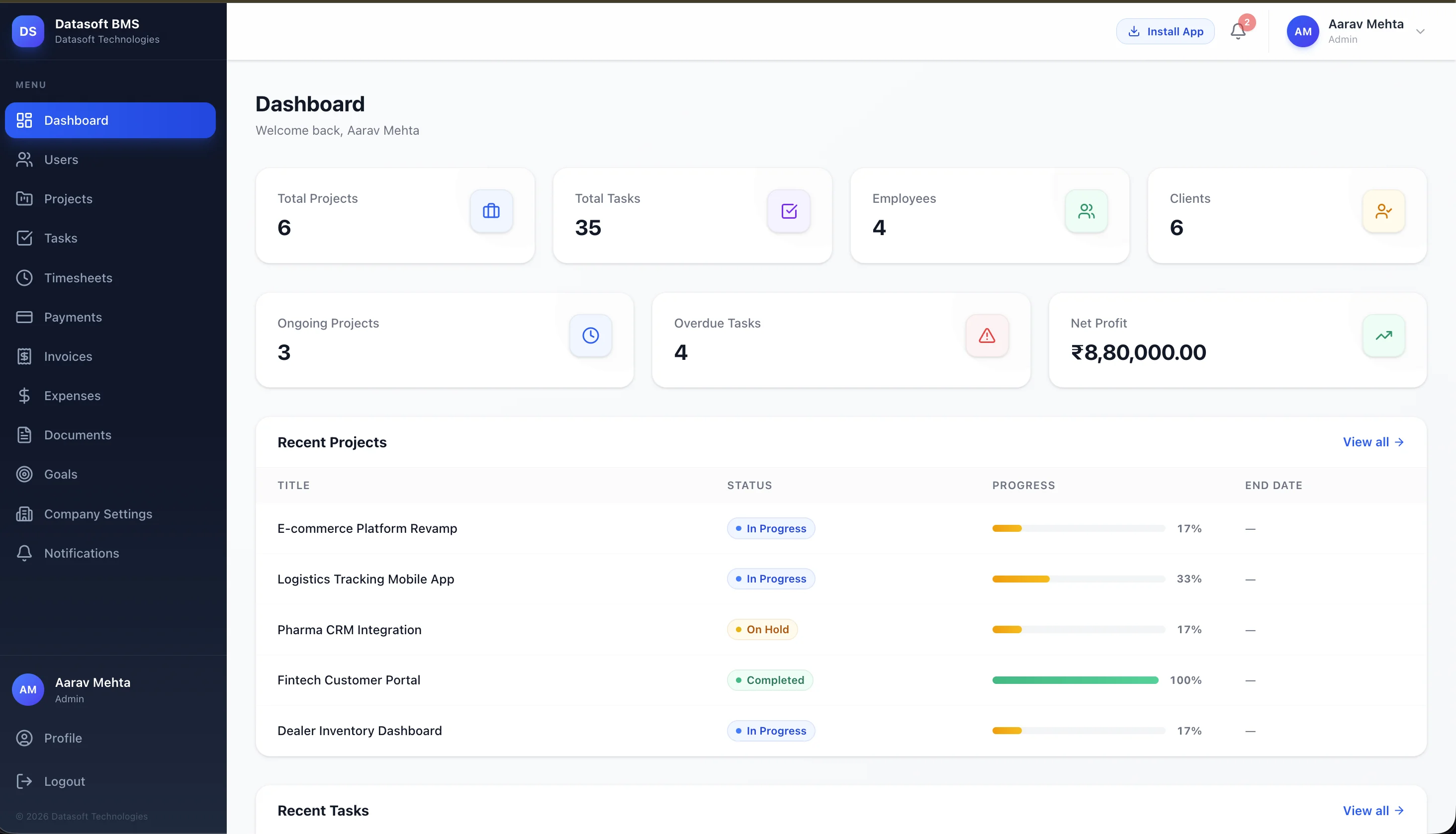Datasoft BMS Admin Dashboard with KPIs and Recent Projects