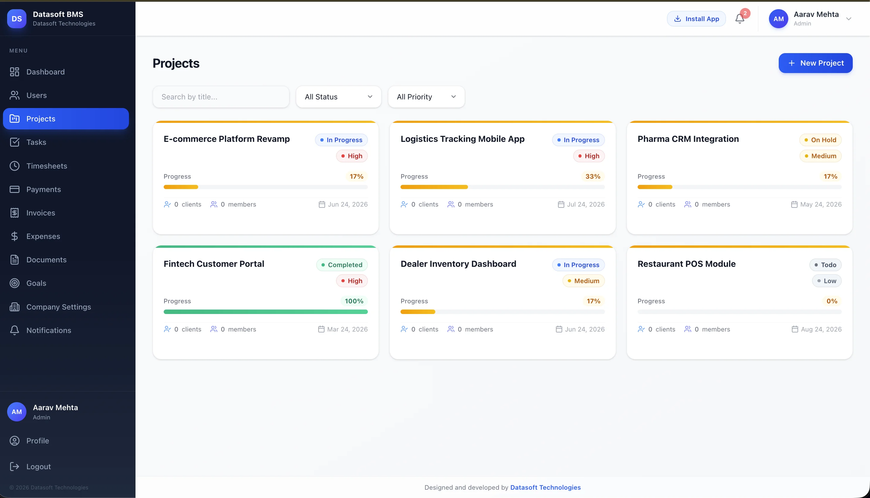 Projects Listing with Status, Priority and Progress
