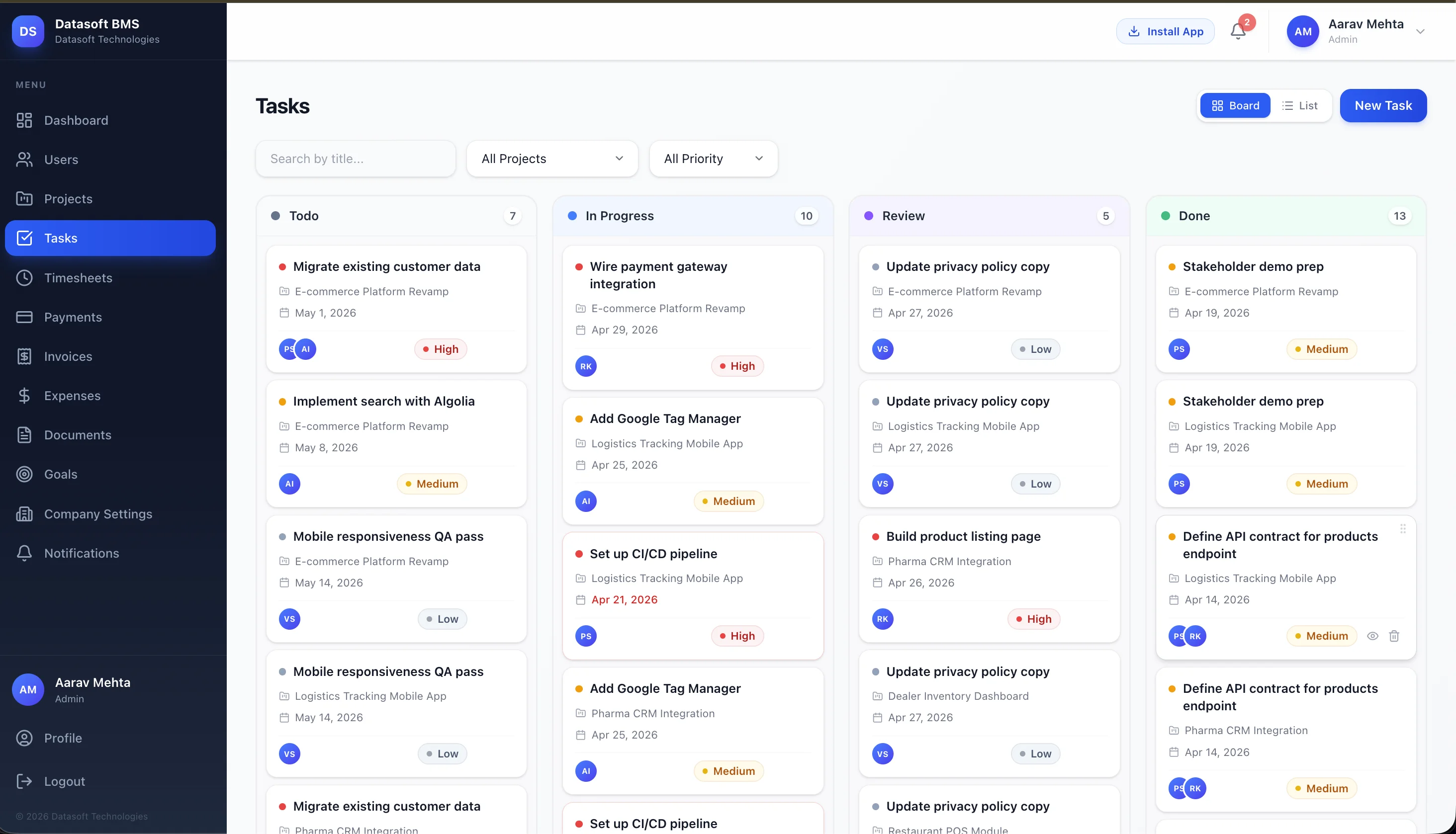 Task Kanban Board with Todo, In Progress, Review and Done columns