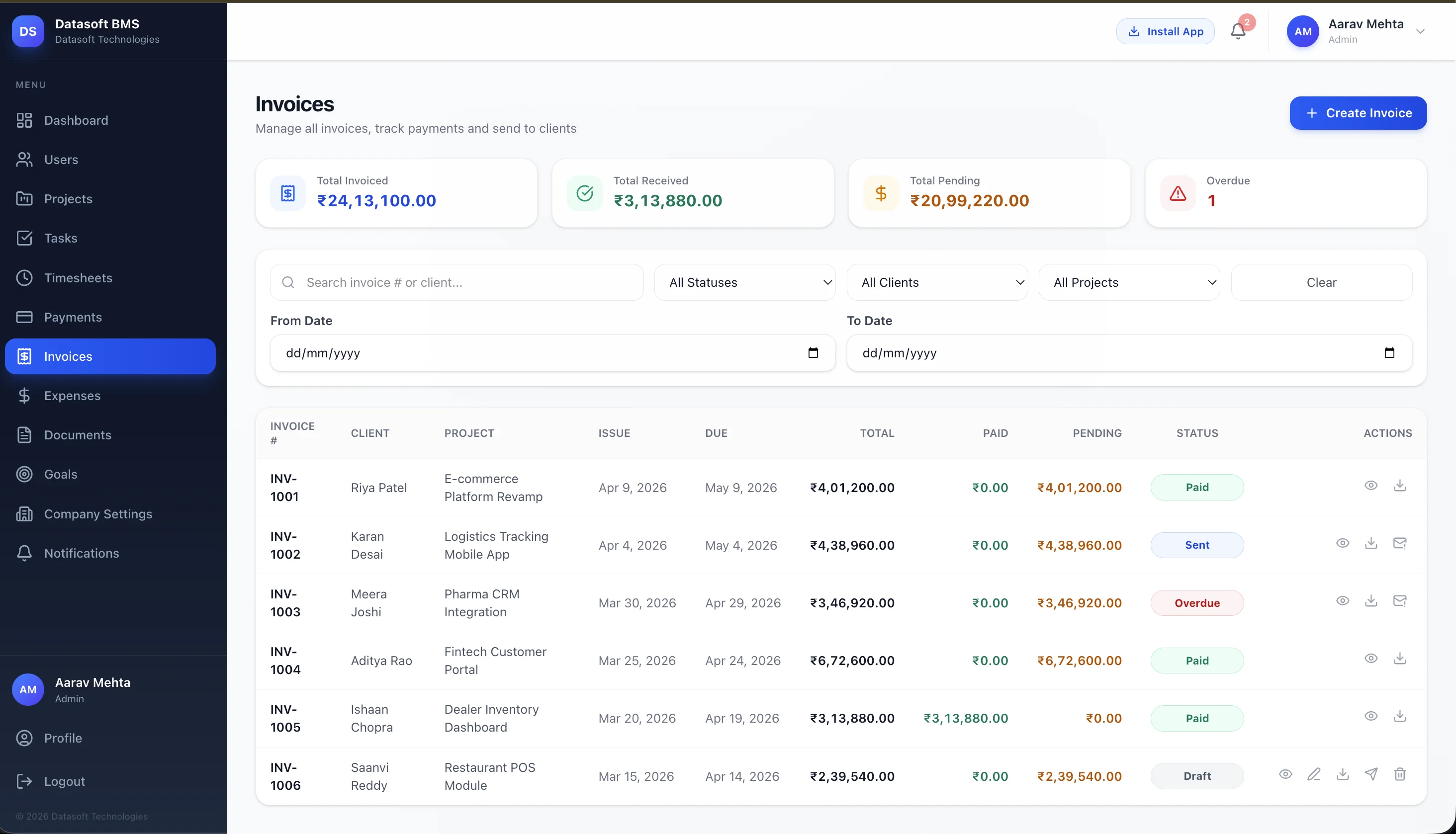 Invoices Listing with PDF Download and Send Actions