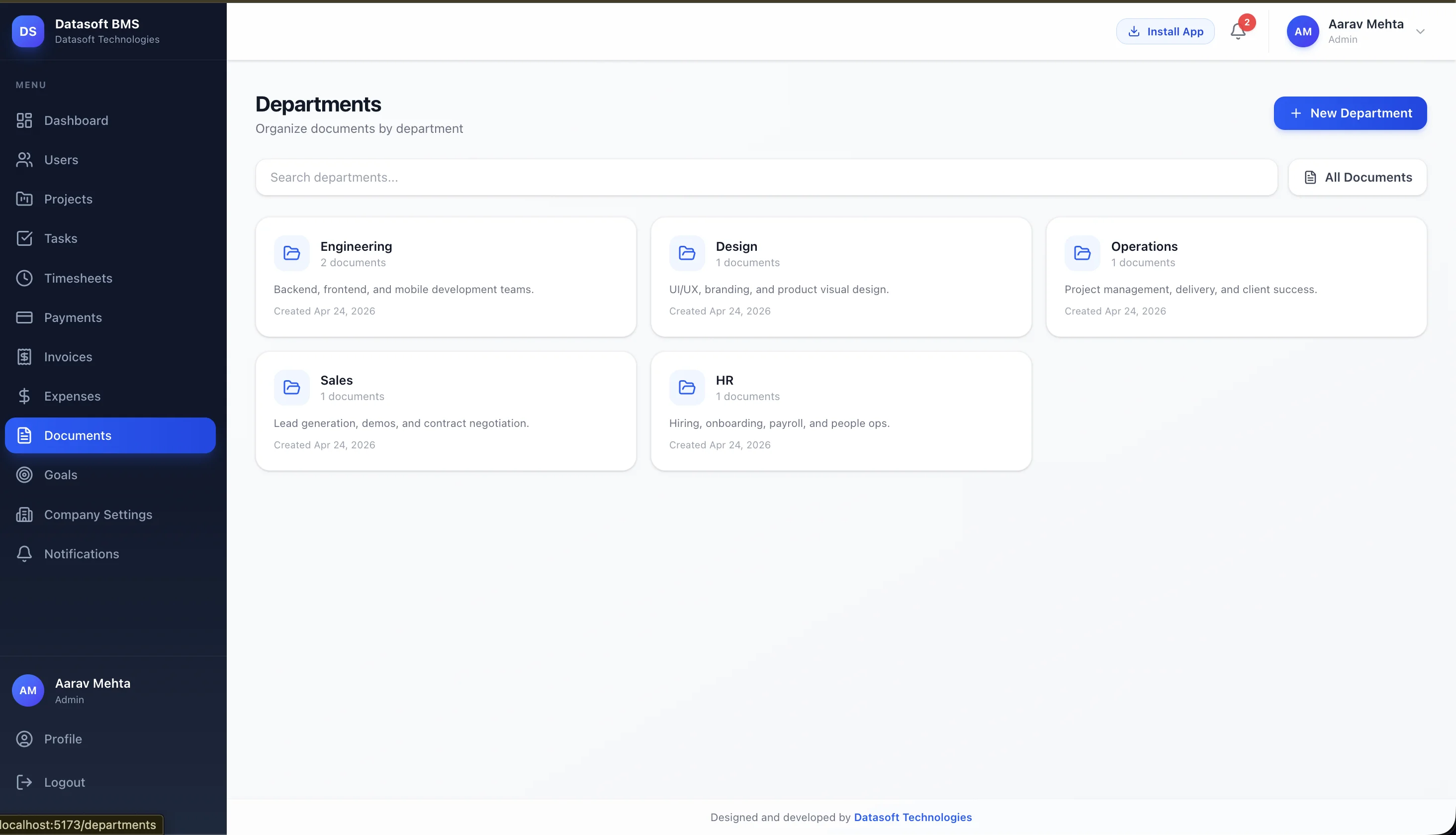 Departments — document organization for Engineering, Design, Operations, Sales and HR