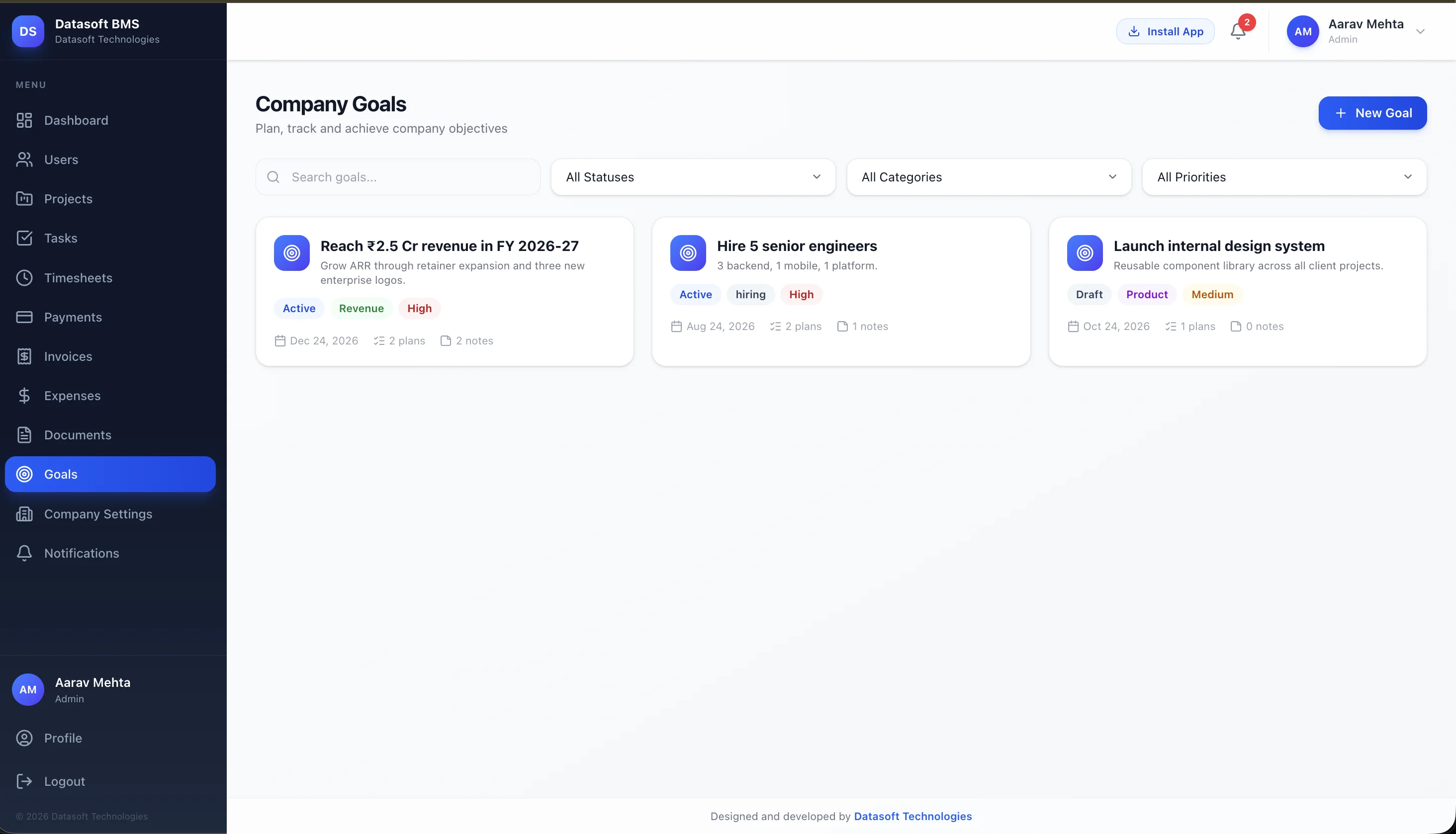 Company Goals with Plans, Notes and Status Tags