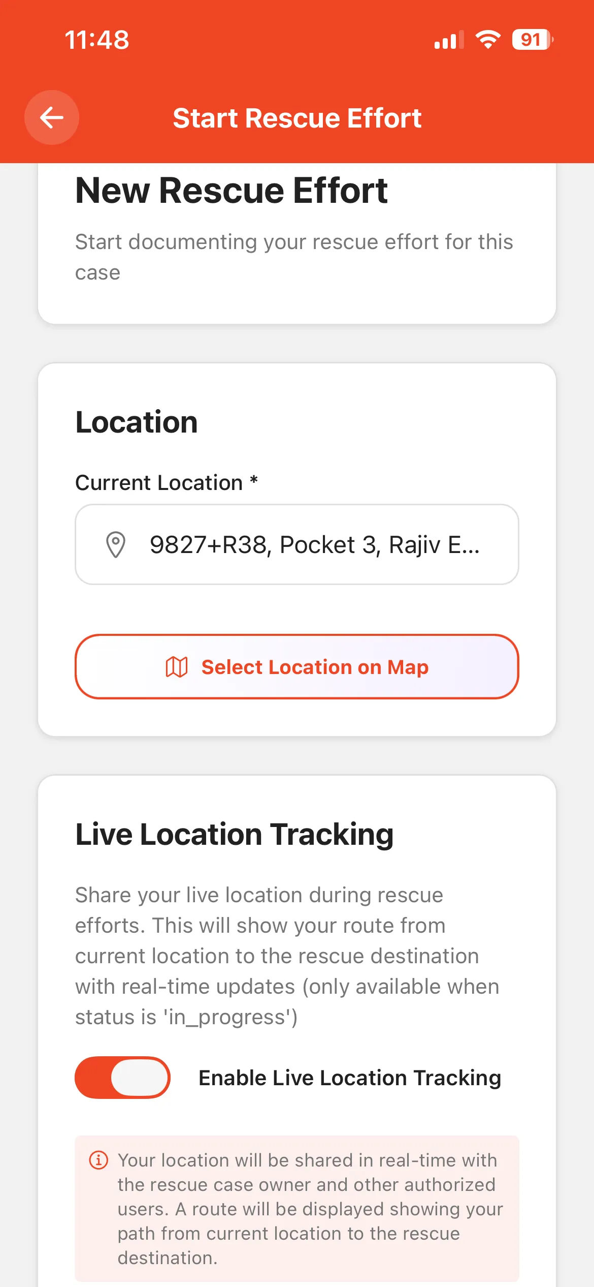 Start Rescue Effort — Form with GPS